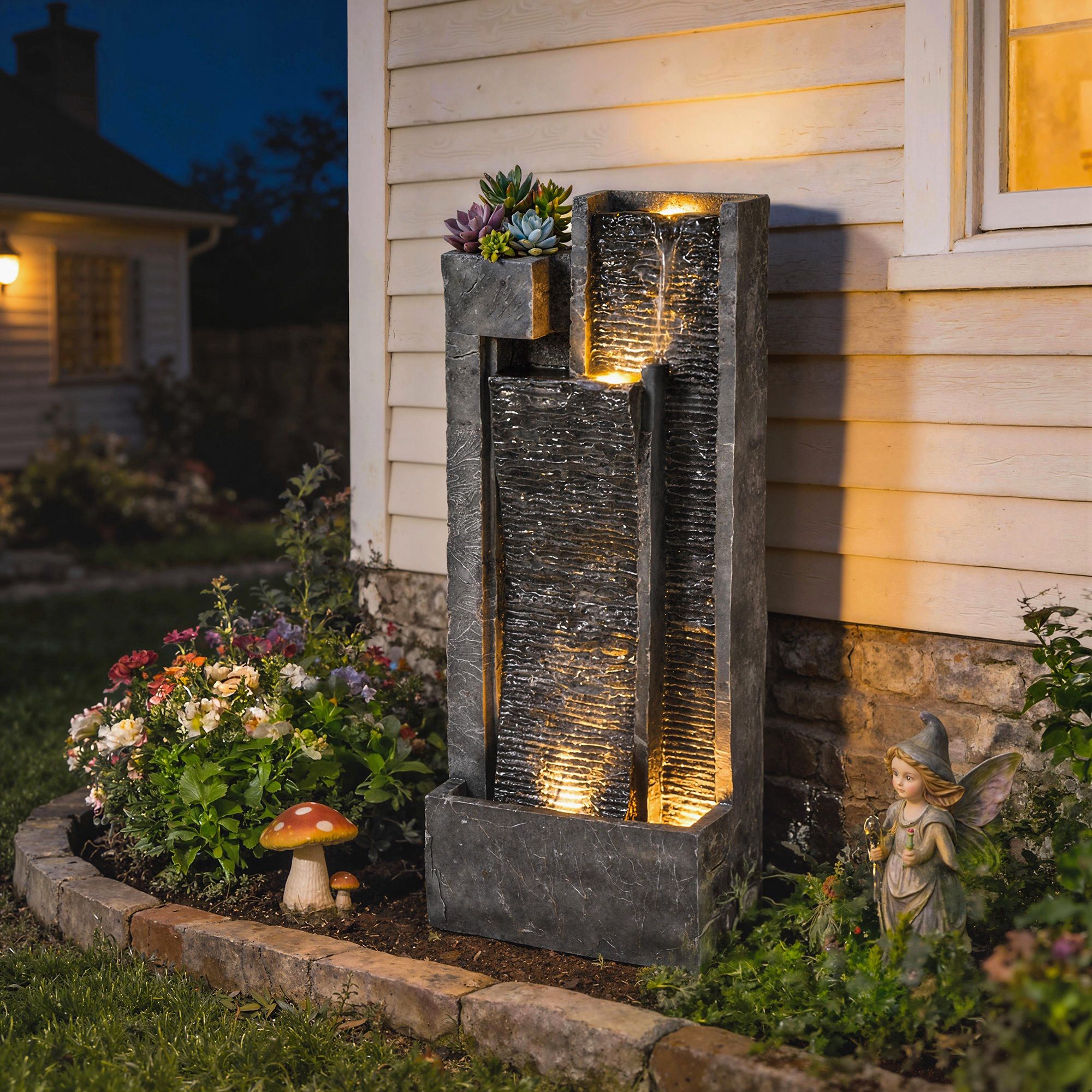 A lighted tiered garden fountain with cascading water, surrounded by flowers, a mushroom ornament, and a fairy statue, creating a decorative outdoor scene.