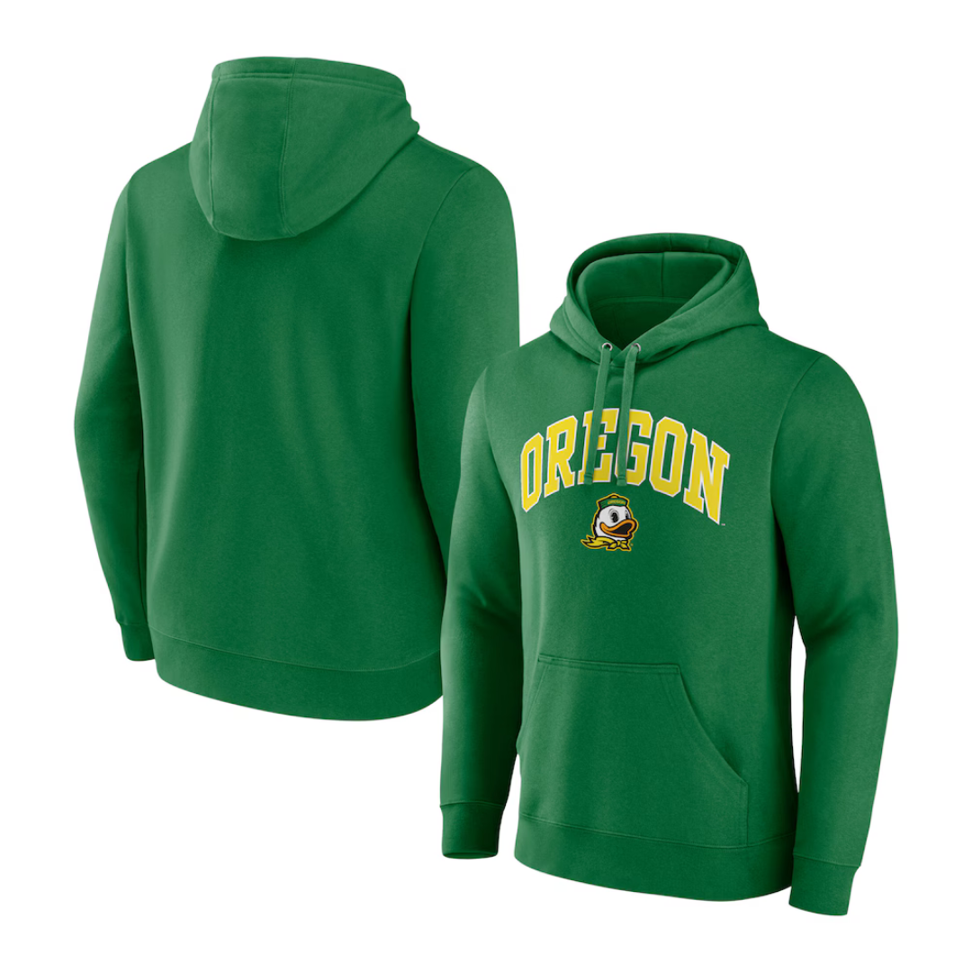 Green hoodie featuring the word \“OREGON\“ and a duck logo on the front, with a drawstring hood and a kangaroo pocket. Back is plain.