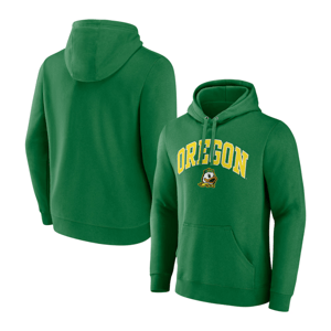 Green hoodie featuring the word \“OREGON\“ and a duck logo on the front, with a drawstring hood and a kangaroo pocket. Back is plain.