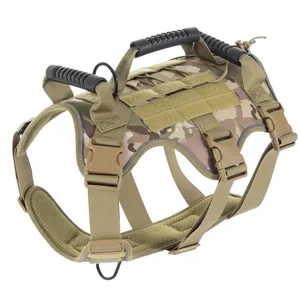 A camouflage-patterned tactical dog harness with adjustable straps, heavy-duty handles, and quick-release buckles designed for control and training.
