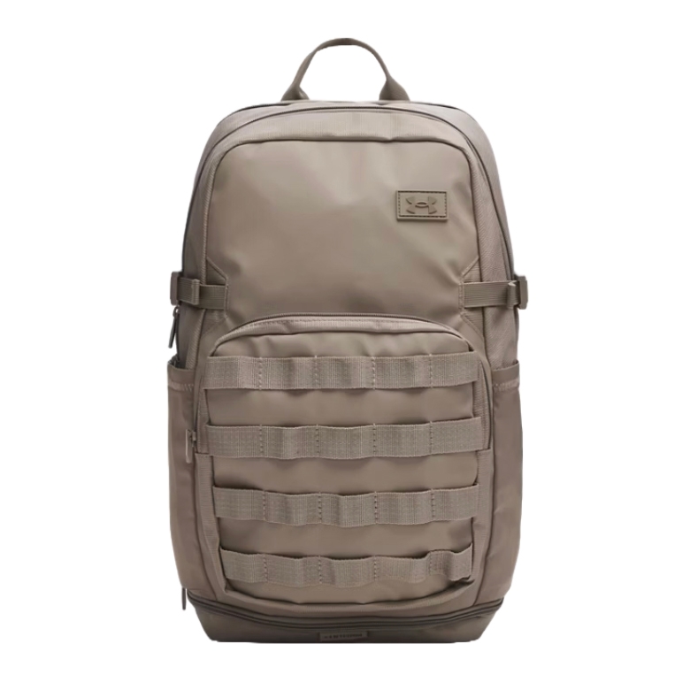 A tan backpack featuring a minimalist design with horizontal webbing on the front pocket and a top handle, likely suited for tactical or everyday use.