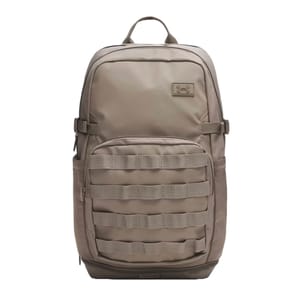 A tan backpack featuring a minimalist design with horizontal webbing on the front pocket and a top handle, likely suited for tactical or everyday use.