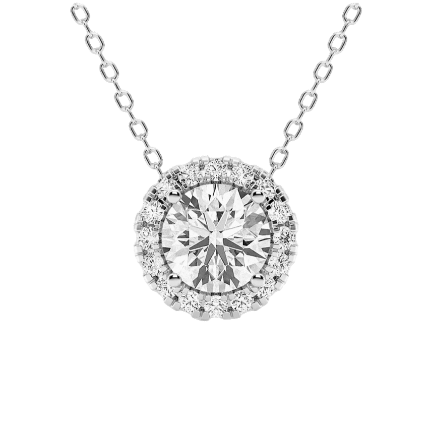 A round diamond pendant necklace with a halo of smaller diamonds set in a metal chain, featuring a central large diamond surrounded by a circle of smaller stones.