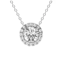 A round diamond pendant necklace with a halo of smaller diamonds set in a metal chain, featuring a central large diamond surrounded by a circle of smaller stones.
