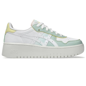 A white and pastel green sneaker with a thick sole, featuring ASICS branding and a low-top design.