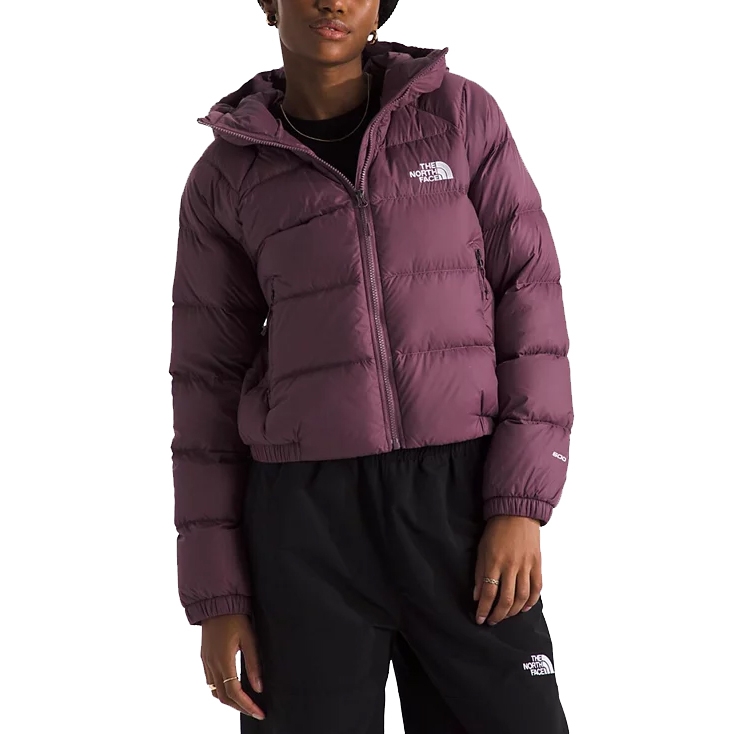 The North Face Hydrenalite Down Jacket features a plum color, quilted design with logo branding on the chest and sleeve, a front zipper, and two side pockets. It offers a puffy, insulated fit suitable for cold weather.