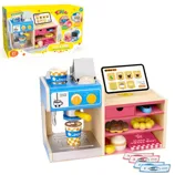 Toy coffee shop playset with a pretend espresso machine, cups, pastries, and a play tablet for orders. Includes 27 pieces for imaginative play.