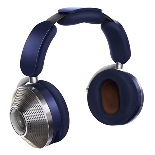 A pair of dark blue over-ear headphones with a unique design featuring metallic mesh and camera-like elements on the ear cups.