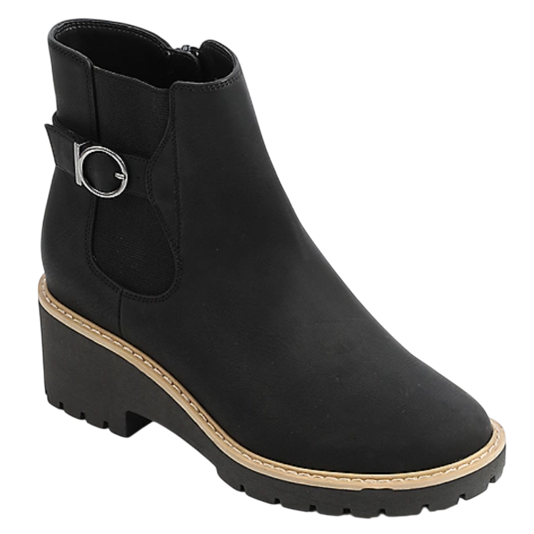 A black ankle boot with a low block heel, featuring a silver buckle and stitched detailing on the sole.