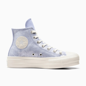 Light blue suede high-top Chuck Taylor All Star Platform sneakers with a cream rubber sole, white laces, and a textured toe cap. The shoe features the classic star patch on the ankle.