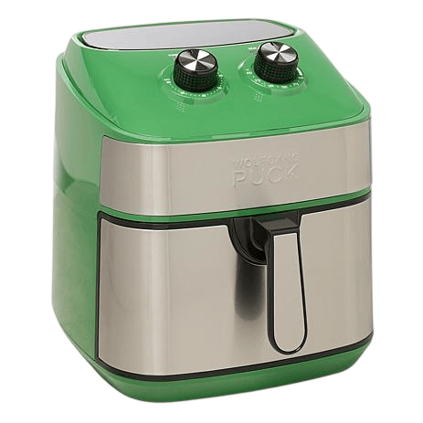 A green and stainless steel air fryer with two control knobs on top for settings.
