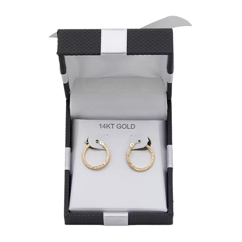 A pair of 14K gold hoop earrings displayed in a black and white box.