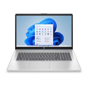 HP 17\“ Touch Laptop with standard keyboard, featuring Windows 11 interface on the screen. Includes subscription to Microsoft 365 for productivity apps.