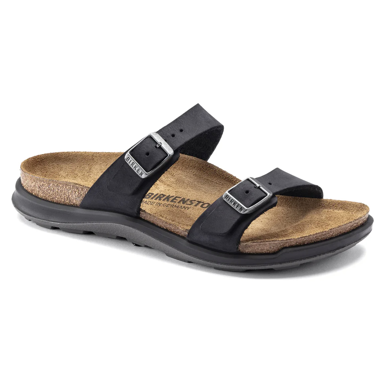 Black leather sandals with two adjustable straps and metal buckles, featuring a contoured cork footbed for comfort and a sturdy rubber sole.