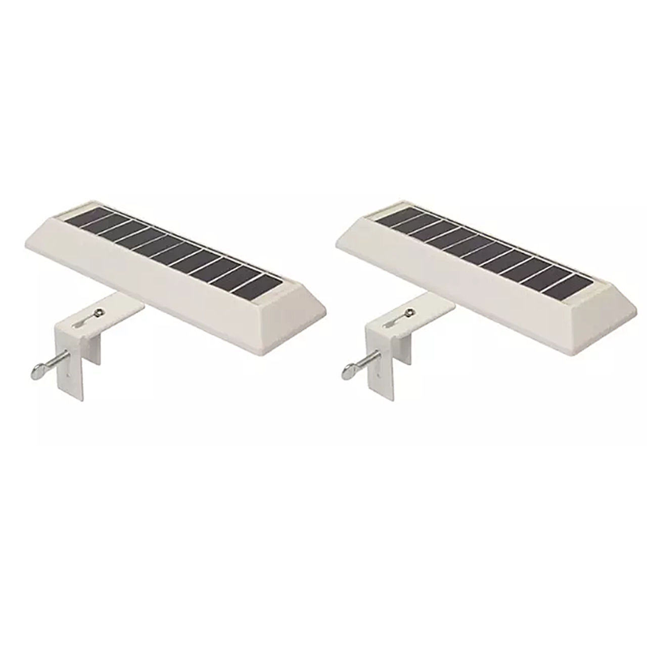 Two solar-powered lights with mounting brackets, designed for attachment to structures like fences or railings.