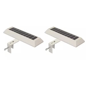 Two solar-powered lights with mounting brackets, designed for attachment to structures like fences or railings.