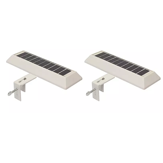 Two solar-powered lights with mounting brackets, designed for attachment to structures like fences or railings.