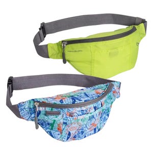 Two waist packs are shown: a bright yellow one with a grey strap and a multicolored one with a map pattern, also featuring a grey strap.