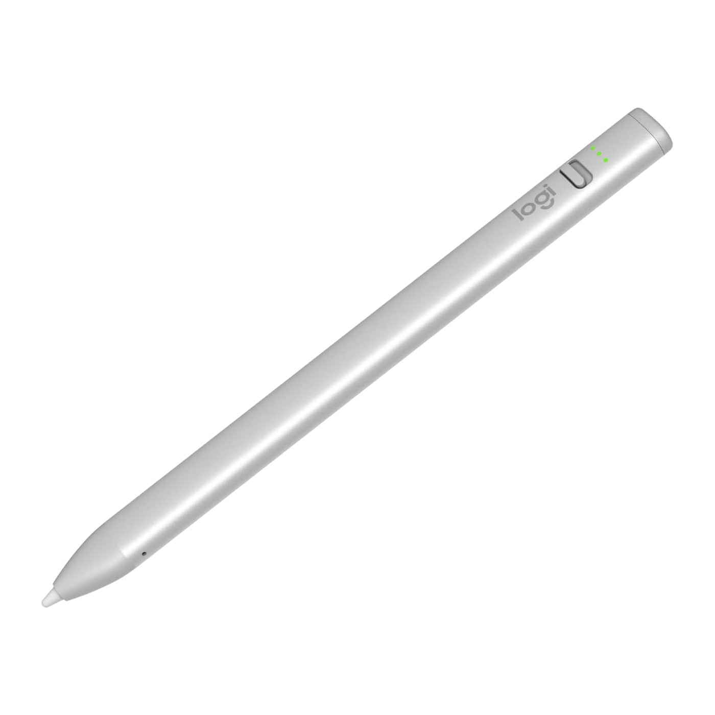 A sleek, silver digital stylus with the Logitech logo and a power button, designed for use with touch-screen devices.