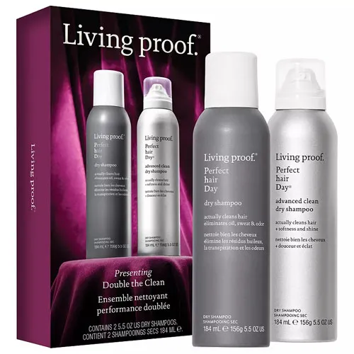 Living Proof Perfect hair Day dry shampoo set, featuring two cans for advanced clean and freshness, 184 ml each.