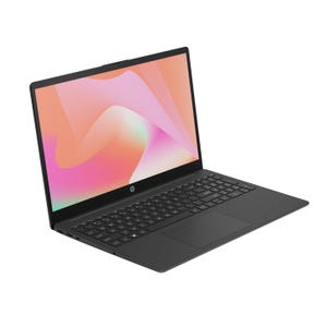 Black HP laptop with a wide screen display and a full keyboard.