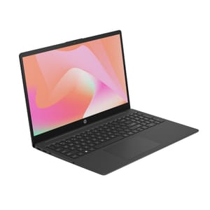 Black HP laptop with a wide screen display and a full keyboard.