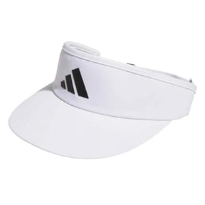 White visor hat with a black Adidas logo on the front, featuring a wide brim and an adjustable strap at the back.