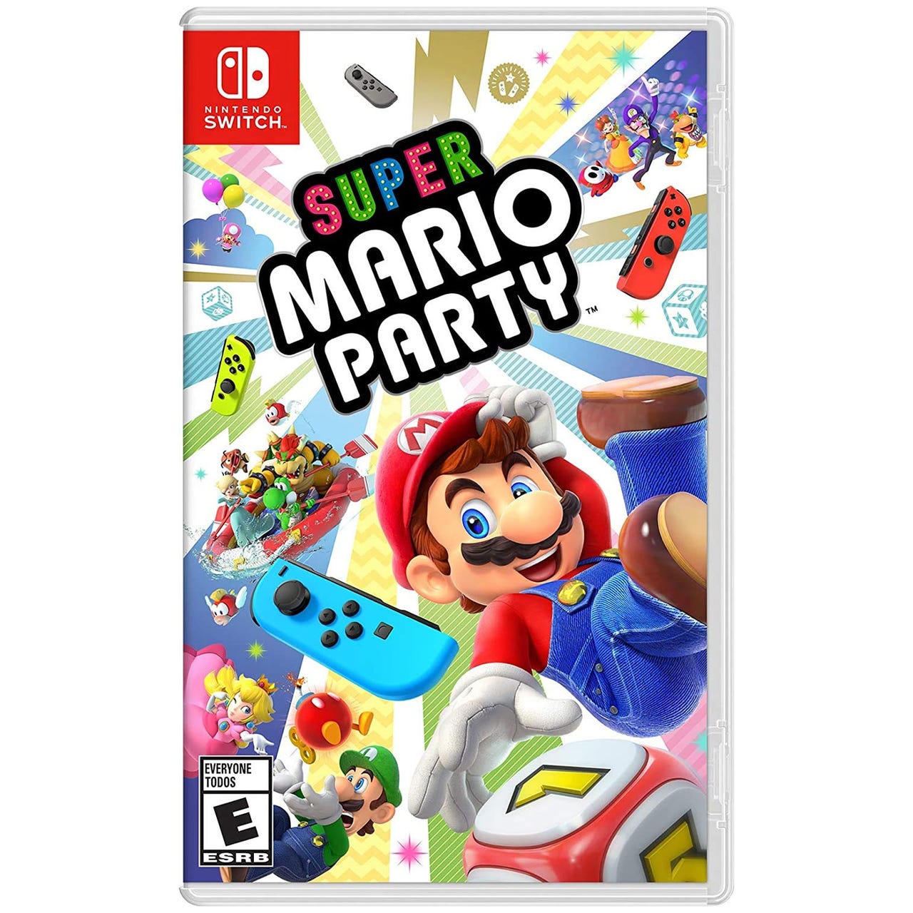Cover art for the Nintendo Switch game \“Super Mario Party\“ featuring Mario, Luigi, and other characters. It includes colorful graphics and Joy-Con controllers, rated \“E for Everyone\“ by the ESRB.