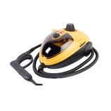 The Wagner Multipurpose Steamer is a compact cleaning device in yellow and black, designed for removing wallpaper and cleaning surfaces. It features a hose and nozzle for directing steam and has a water tank and control dial on top.