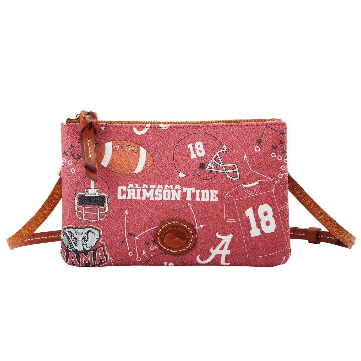 Dooney & Bourke crossbody bag featuring Alabama Crimson Tide graphics, including football themes, helmet, jersey with the number 18, and an elephant design. Red background with brown leather accents and zipper.