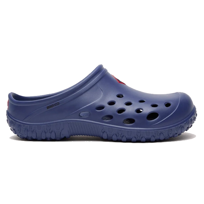 Blue slip-on clog-style shoe with multiple ventilation holes and textured sole.