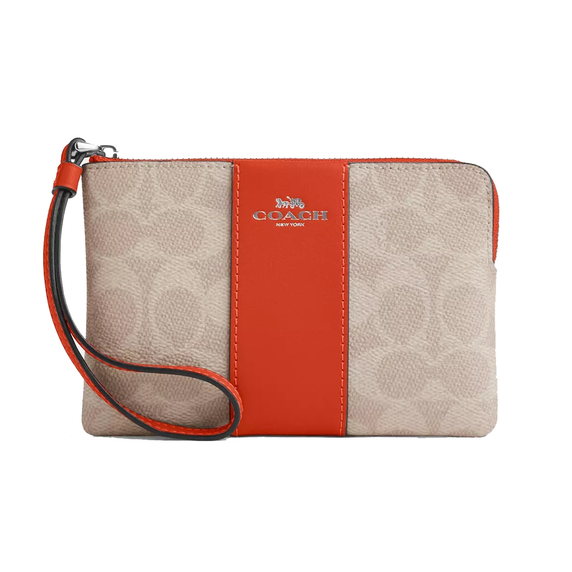 Coach Outlet wristlet featuring a beige signature canvas with an orange leather accent strip, silver logo, and detachable wrist strap.