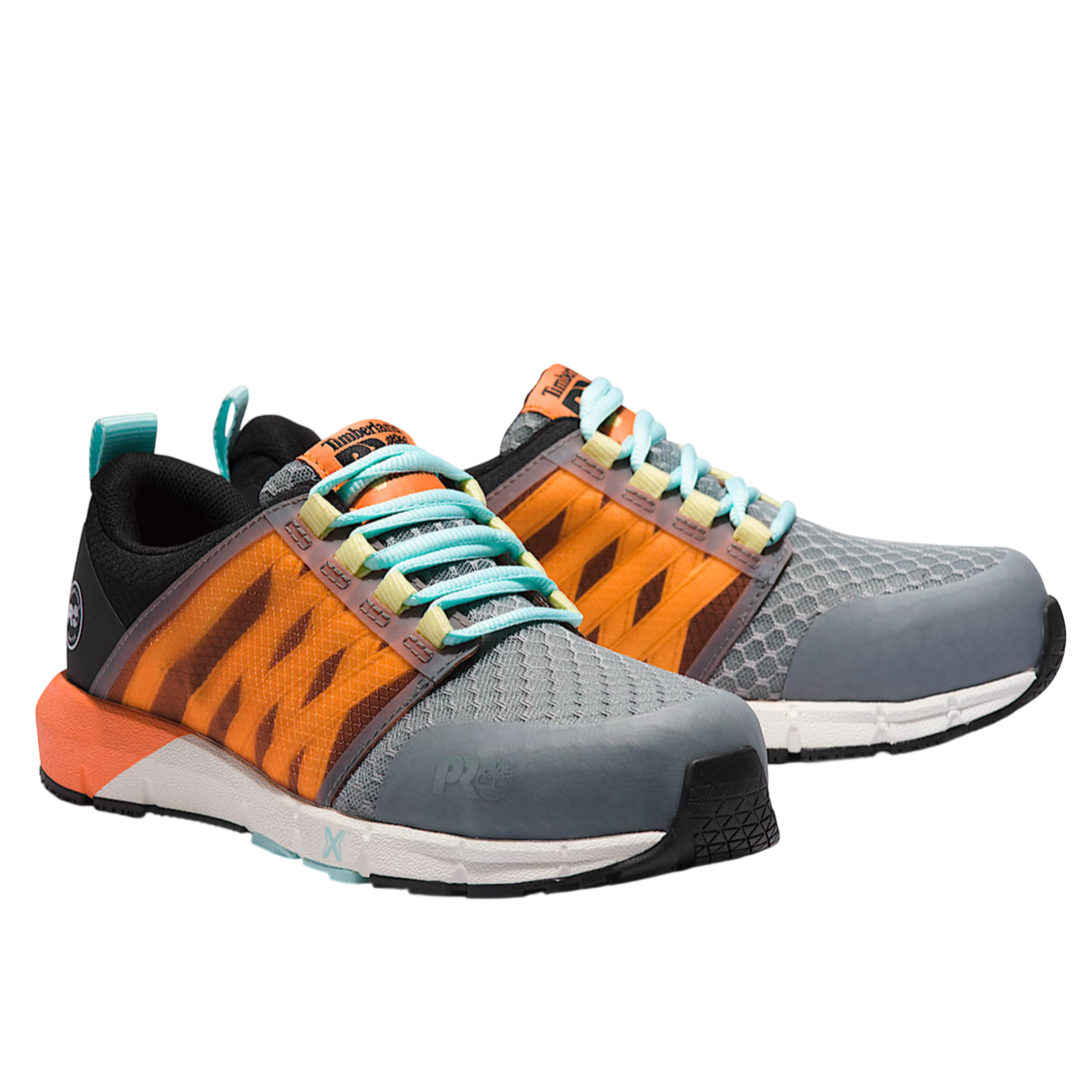 Multicolored athletic work shoes with a gray mesh upper, orange accents, and turquoise laces. Includes reinforced toe and heel sections for durability.