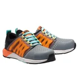 Multicolored athletic work shoes with a gray mesh upper, orange accents, and turquoise laces. Includes reinforced toe and heel sections for durability.