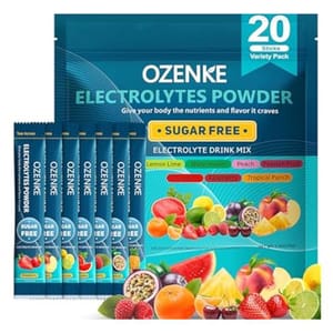 Ozenke Electrolytes Powder, sugar-free, variety pack with 20 sticks. Flavors include Lemon Lime, Watermelon, Peach, Passion Fruit, Raspberry, and Tropical Punch.