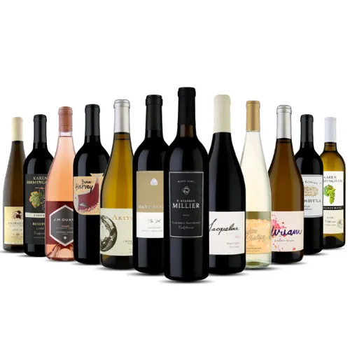 A variety of wine bottles includes red, white, and rosé wines, featuring different labels and designs. The selection showcases diverse brands and styles.