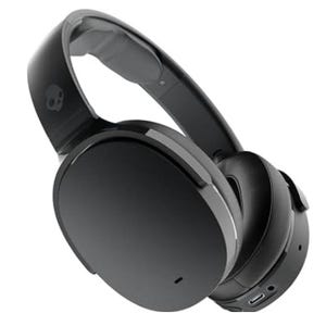 Black over-ear headphones with a skull logo on the side and no visible buttons or wires.