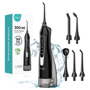 Cordless oral irrigator with a 300 ml capacity, featuring dual stream technology. Includes multiple detachable tips for oral hygiene, and is BPA-free.