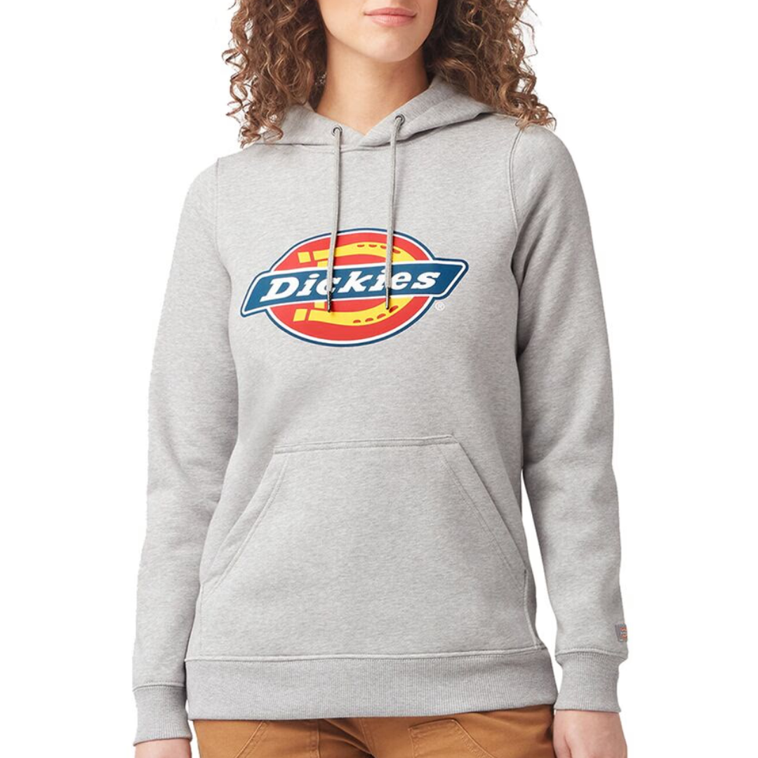 A gray hoodie featuring the Dickies logo prominently on the front, worn by a person with curly hair.