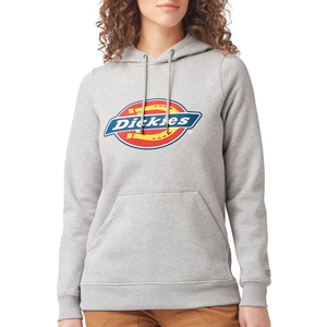 A gray hoodie featuring the Dickies logo prominently on the front, worn by a person with curly hair.