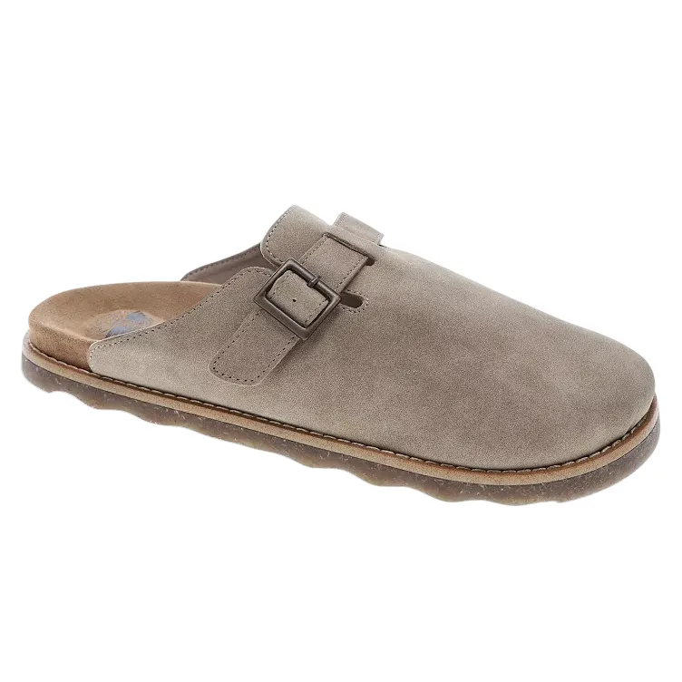 A taupe suede slip-on clog with a single adjustable buckle and cushioned footbed, featuring a contoured outsole for comfortable wear.