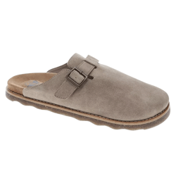 A taupe suede slip-on clog with a single adjustable buckle and cushioned footbed, featuring a contoured outsole for comfortable wear.