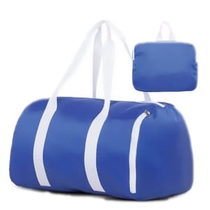 A blue packable duffel bag featuring white handles and accents, accompanied by a matching small pouch for compact storage.