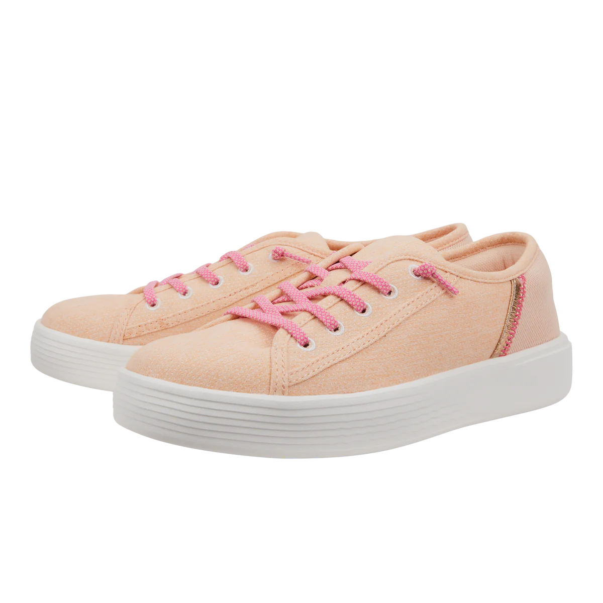A pair of pink low-top sneakers with white soles and pink laces.