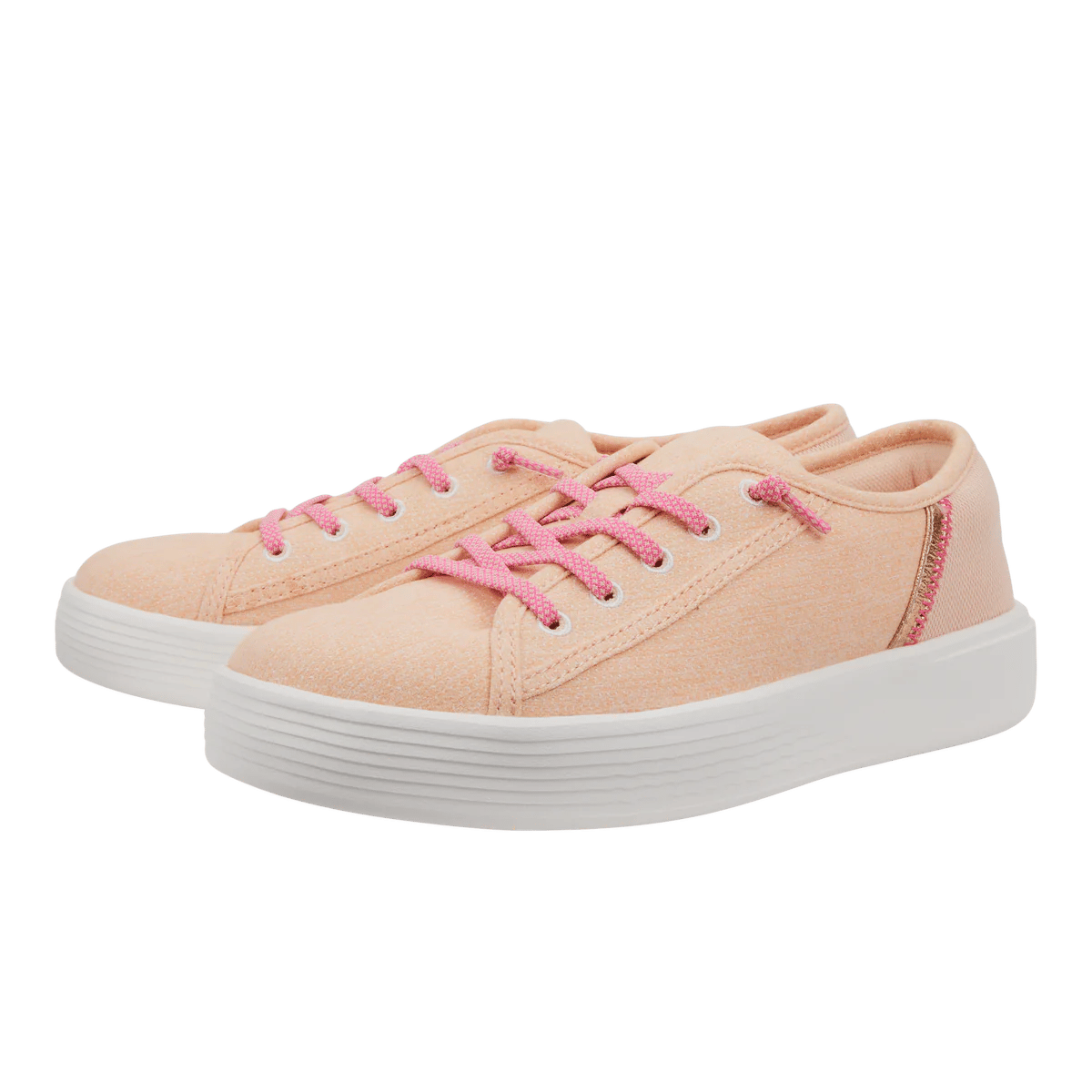 A pair of pink low-top sneakers with white soles and pink laces.