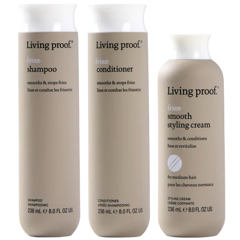 Living Proof hair care items: Frizz Shampoo, Frizz Conditioner, and Frizz Smooth Styling Cream, all in 236 mL (8.0 fl oz) bottles.