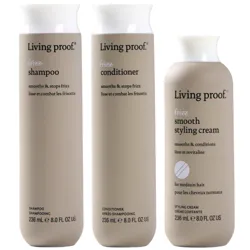 Living Proof hair care items: Frizz Shampoo, Frizz Conditioner, and Frizz Smooth Styling Cream, all in 236 mL (8.0 fl oz) bottles.