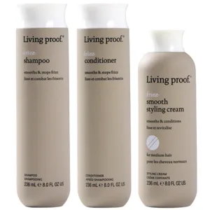 Living Proof hair care items: Frizz Shampoo, Frizz Conditioner, and Frizz Smooth Styling Cream, all in 236 mL (8.0 fl oz) bottles.
