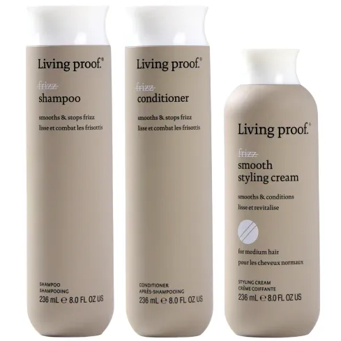 Living Proof hair care items: Frizz Shampoo, Frizz Conditioner, and Frizz Smooth Styling Cream, all in 236 mL (8.0 fl oz) bottles.