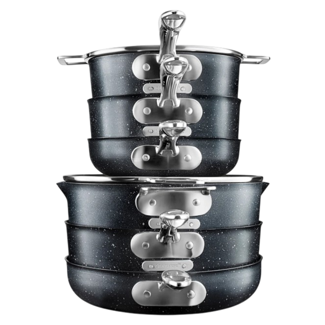 A stack of five granite-coated non-stick cookware pieces with metal handles and glass lids, designed for space-saving storage.